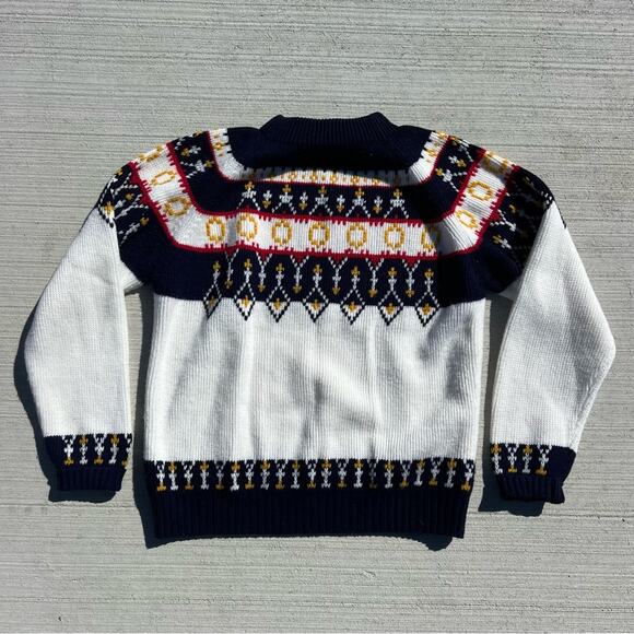 Vintage 70s JCPenney blue gold red cream fair isle collar mock neck sweater LG - Picture 2 of 4